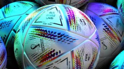 Eye-catching display of vibrant FIFA World Cup soccer balls, highlighting sports equipment details.