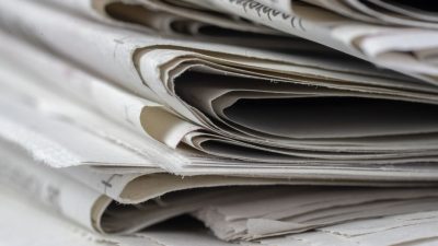 A detailed close-up view of stacked newspapers, highlighting textures and layers.